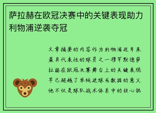萨拉赫在欧冠决赛中的关键表现助力利物浦逆袭夺冠 萨拉赫在欧冠决赛中的关键表现助力利物浦逆袭夺冠